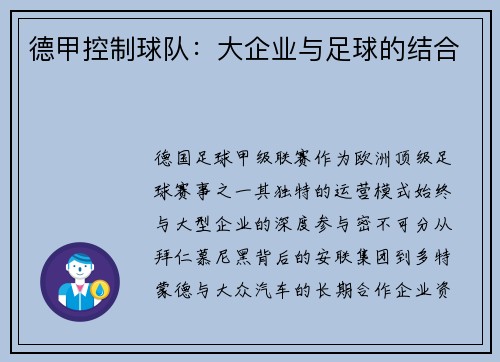 德甲控制球队：大企业与足球的结合